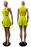 Summer New Cute Lapel Neck Sleeveless Crop Tops Mini Shirts Plain Casual  Sets BS1306