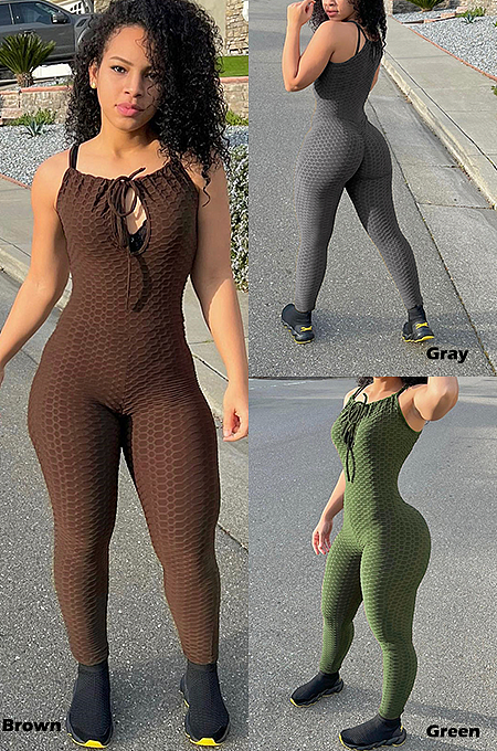 Cute Sporty Sexy Polyester Sleeveless Strappy Halterneck Self Belted Bodycon Jumpsuit N9311