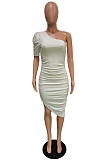 Elegant Fashion Sexy Women One Sleeve Ruffle Irreguolar Solid Color Bodycon Dress For Party BBN237