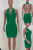 Casual Sexy Romantic Simplee Polyester Sleeveless Halterneck Deep V Neck Button Through Mini Dress ARM8319