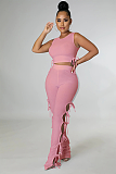 Casual Modest Boho Sexy Polyester Sleeveless Round Neck Knot Side Crop Top Tank Top Mid Waist Long Pants Sets HG168