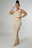 Casual Modest Boho Sexy Polyester Sleeveless Round Neck Knot Side Crop Top Tank Top Mid Waist Long Pants Sets HG168