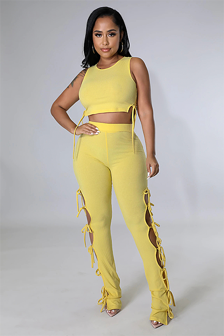 Casual Modest Boho Sexy Polyester Sleeveless Round Neck Knot Side Crop Top Tank Top Mid Waist Long Pants Sets HG168