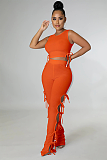 Casual Modest Boho Sexy Polyester Sleeveless Round Neck Knot Side Crop Top Tank Top Mid Waist Long Pants Sets HG168