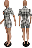 Wholesale Summer Women Plaid Printed Short Sleeve Lapel Collar Zipper Collet Waist Romper Shorts BBN239