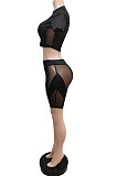 Summer New Sexy Mest See Througk Short Sleeve O Neck Crop Tops Shorts Solid Color Sport Sets F88428