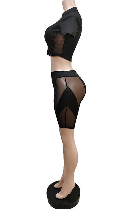Summer New Sexy Mest See Througk Short Sleeve O Neck Crop Tops Shorts Solid Color Sport Sets F88428