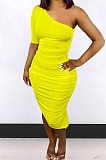 Elegant Fashion Sexy Women One Sleeve Ruffle Irreguolar Solid Color Bodycon Dress For Party BBN237