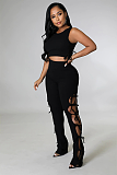 Casual Modest Boho Sexy Polyester Sleeveless Round Neck Knot Side Crop Top Tank Top Mid Waist Long Pants Sets HG168