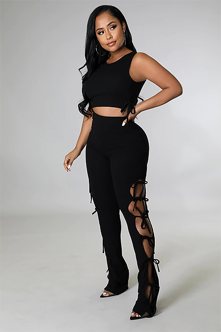 Casual Modest Boho Sexy Polyester Sleeveless Round Neck Knot Side Crop Top Tank Top Mid Waist Long Pants Sets HG168