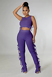 Casual Modest Boho Sexy Polyester Sleeveless Round Neck Knot Side Crop Top Tank Top Mid Waist Long Pants Sets HG168