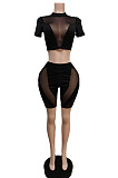Summer New Sexy Mest See Througk Short Sleeve O Neck Crop Tops Shorts Solid Color Sport Sets F88428