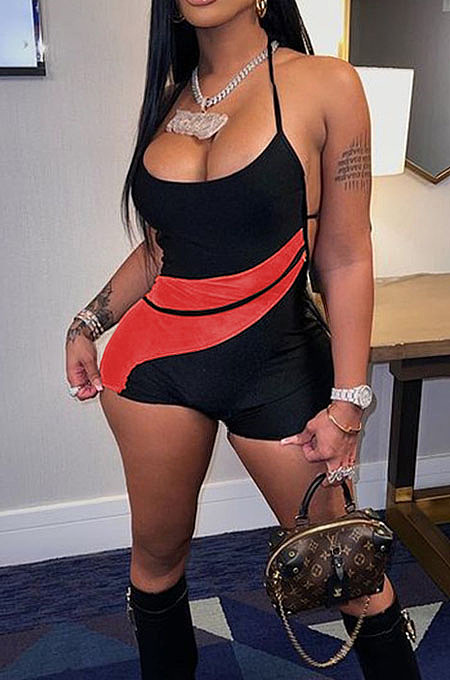 Sexy New Summer Patchwork Halter Neck Backless Slim Fitting Romper Shorts F88425