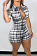 Wholesale Summer Women Plaid Printed Short Sleeve Lapel Collar Zipper Collet Waist Romper Shorts BBN239