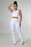 Casual Modest Boho Sexy Polyester Sleeveless Round Neck Knot Side Crop Top Tank Top Mid Waist Long Pants Sets HG168