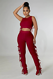 Casual Modest Boho Sexy Polyester Sleeveless Round Neck Knot Side Crop Top Tank Top Mid Waist Long Pants Sets HG168