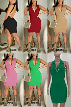 Casual Sexy Romantic Simplee Polyester Sleeveless Halterneck Deep V Neck Button Through Mini Dress ARM8319