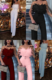 Feather Detail Off-Shoulder Jumpsuit