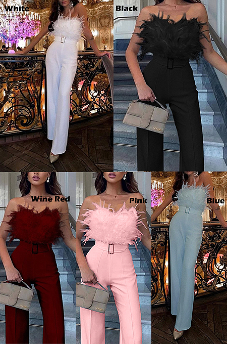 Feather Detail Off-Shoulder Jumpsuit