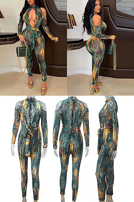 Printed Open Back Bodycon Jumpusuit 