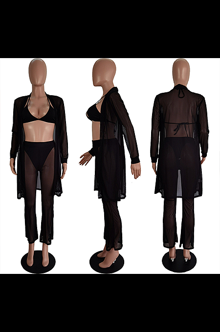 Black Elegant Sexy Cold Shoulder Mesh Back Tied Sets LS8430
