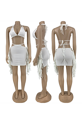 Elegant Strappy Tassel Hem Bodycon Skirt Sets LY068