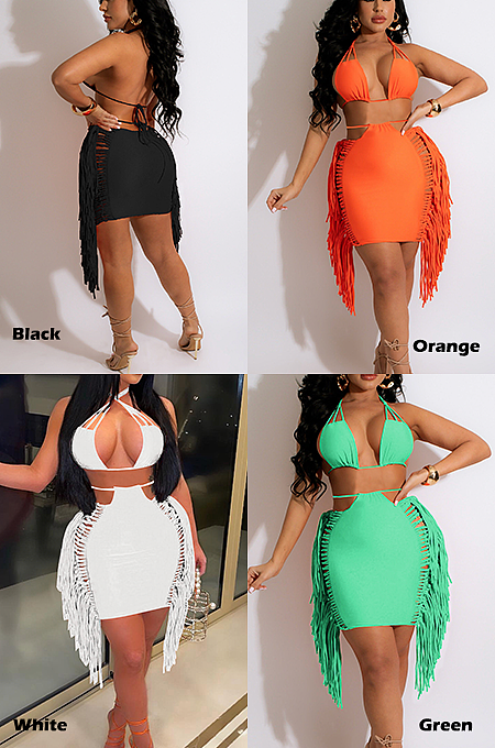 Elegant Strappy Tassel Hem Bodycon Skirt Sets LY068