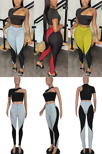 Euramerican Women Backless Trendy Sexy Irregular Pure Color Top Mesh Spaghetti Pants Sets AGY68547