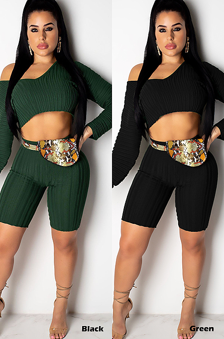 Casual Long Sleeve V Neck Crop Top Shorts Sets YT3156