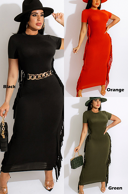 Elegant Short Sleeve Tassel Hem Long Dress MD475