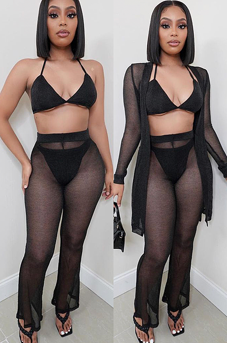 Black Elegant Sexy Cold Shoulder Mesh Back Tied Sets LS8430