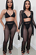Black Elegant Sexy Cold Shoulder Mesh Back Tied Sets LS8430