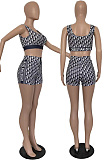 Black Digital Letter Printing Sleeveless U Neck Crop Top Shorts Sets CS507