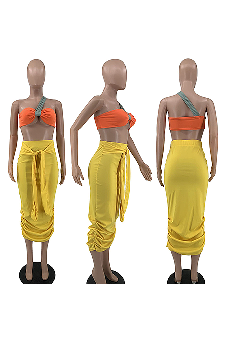 Sexy One Shoulder Waist Tie Ruffle Bandeau Bra Sets LMM8305