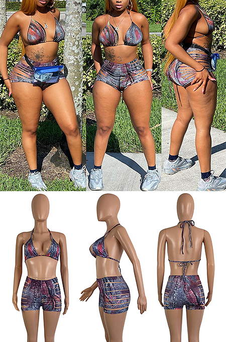 Casual Vintage Sexy Tribal Cold Shoulder Ripped Shorts Sets LS6488