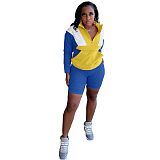 Fashion color blocking sports pocket sweater shorts two piece set BLX61003