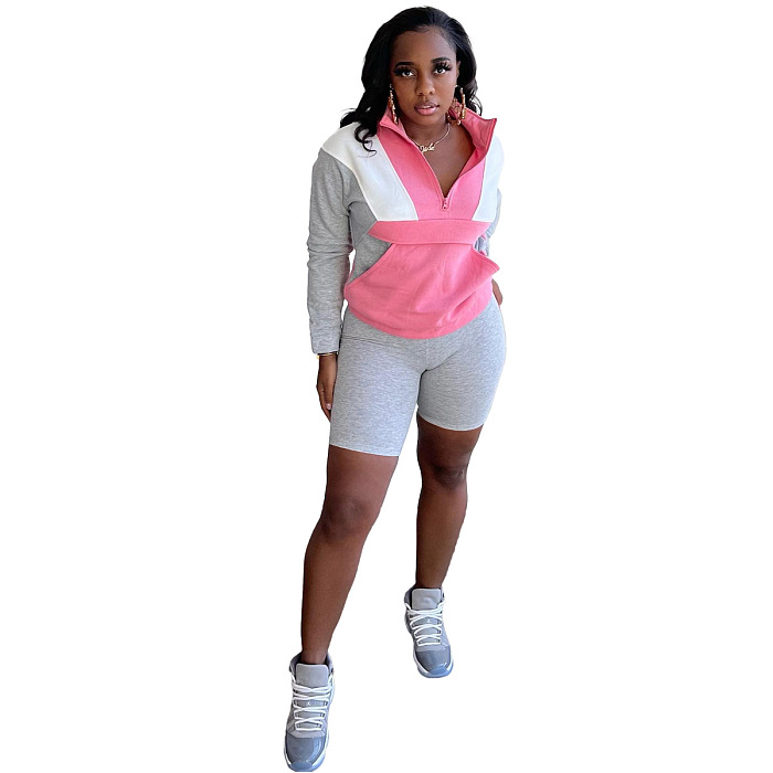Fashion color blocking sports pocket sweater shorts two piece set BLX61003