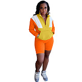 Fashion color blocking sports pocket sweater shorts two piece set BLX61003