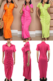 Solid V-neck pleated button long dress SSM8888