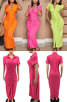 Solid V-neck pleated button long dress SSM8888