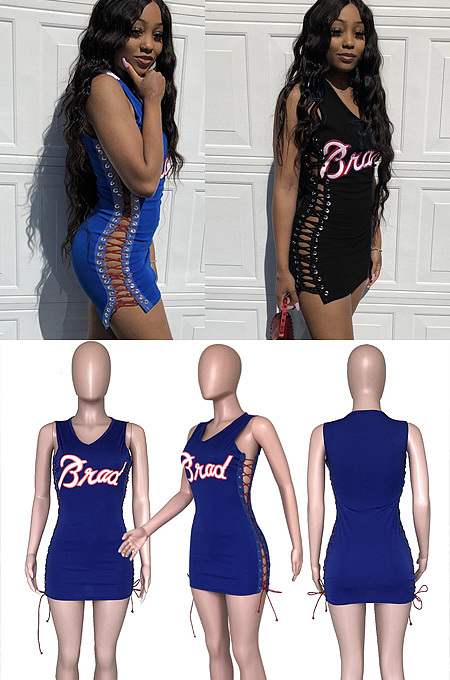 Letter cut out lace up miniskirt HR8009