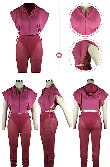Two side hollowed out Hoodie Top and mesh trousers (including underwear) set QQM4412
