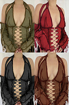 Chest lace up neck strap long sleeved T-shirt BLG093032