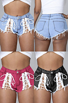 Lace up micro tassel denim shorts ED1006