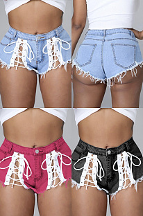 Lace up micro tassel denim shorts ED1006