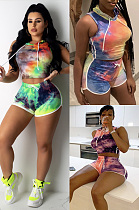 Hooded sleeveless tie dyed print suit SMD7016