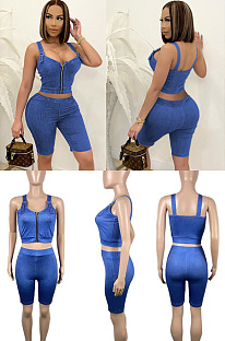 Zipper imitation denim fashion casual two-piece set SSM70008