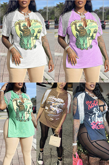 Hip hop split tassel short sleeve T-shirt MXXB21TP696 