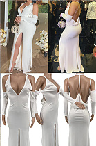 Sling V-neck open back slit solid dress SSM88802