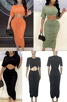 Pleated open navel mid sleeve Hip Wrap Dress CY1346